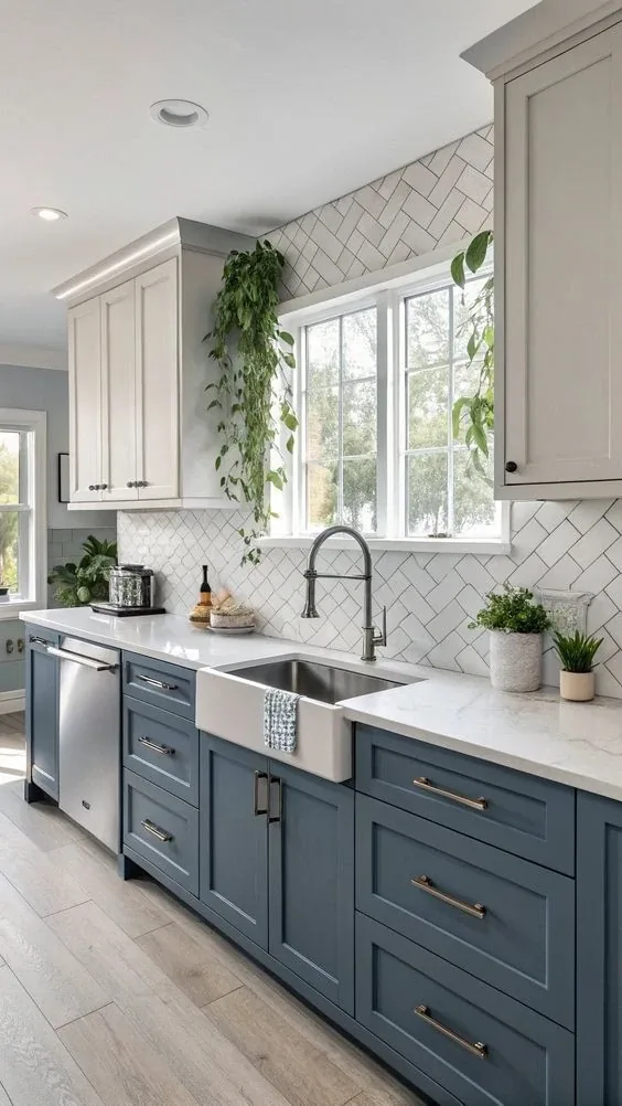 Kitchen with blue-grey base cabinets, light upper cabinets, a herringbone tile backsplash and a farmhouse sink.