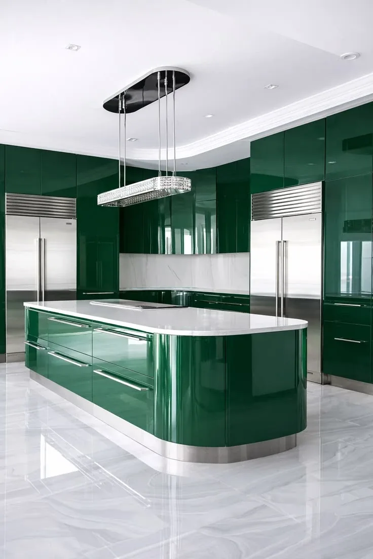 Emerald-green kitchen with a rounded island, white counter, stainless refrigerators and a crystal pendant light.