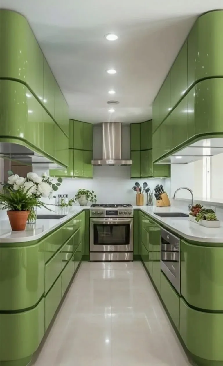 Lime-green galley kitchen with curved gloss cabinets, white counters and a stainless range hood.