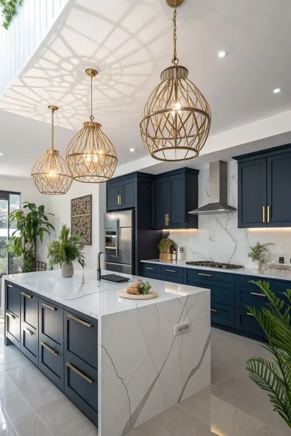Navy kitchen with a white waterfall island, brass-tone cage pendants and a marble-look backsplash.
