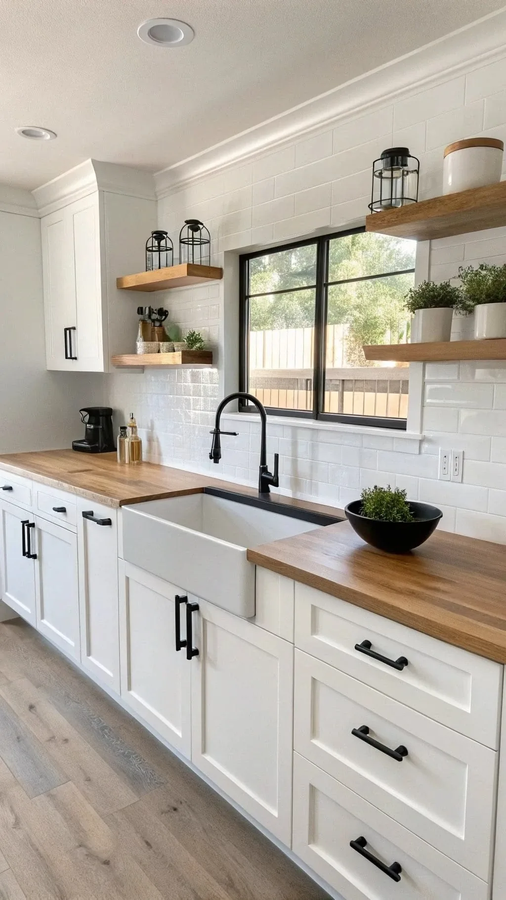 White shaker kitchen with butcher-block counters, floating shelves, a farmhouse sink and a black faucet.